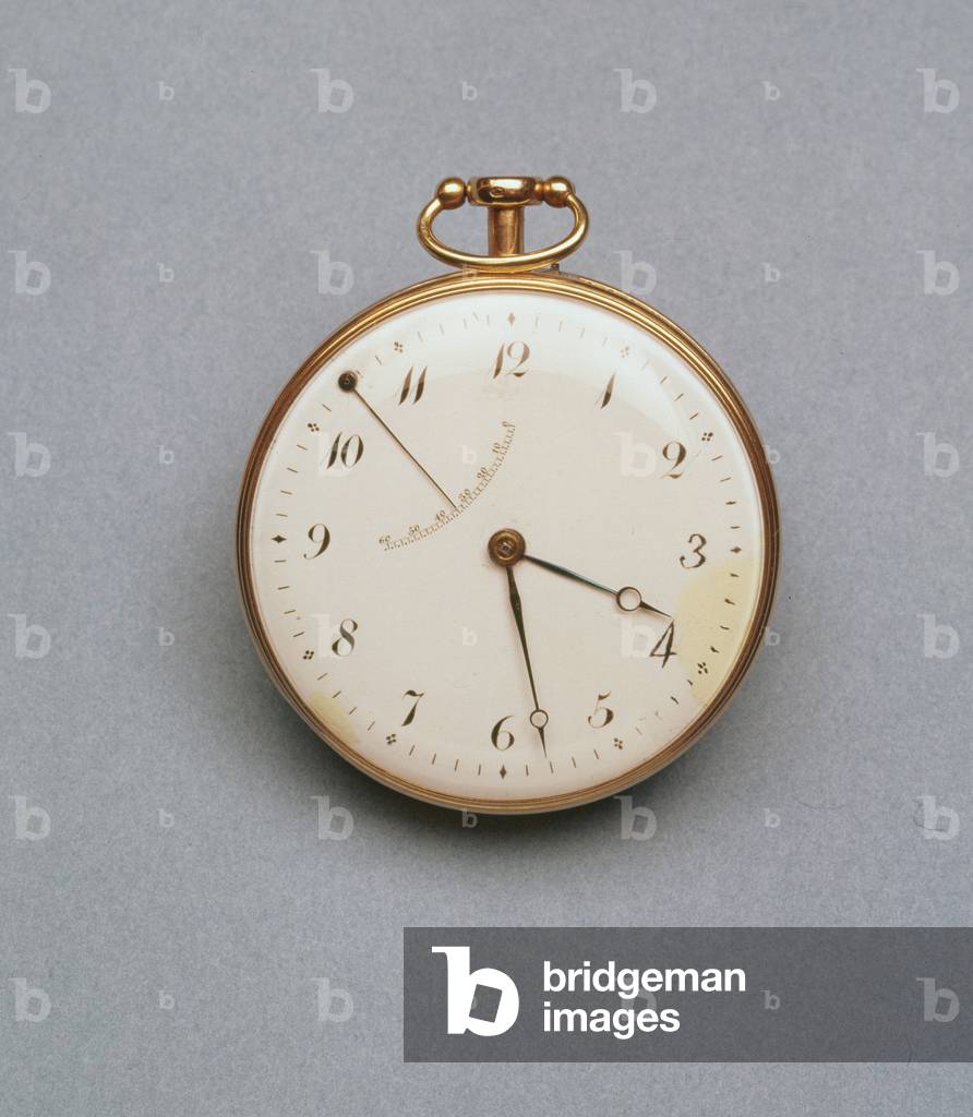 French pocket watch with gold case and large white enamel dial, probably the oldest surviving self-wind watch,