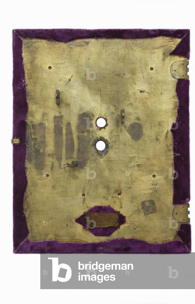 The back of the dial, movement removed, of a table clock, c.1660 (wood & brass)