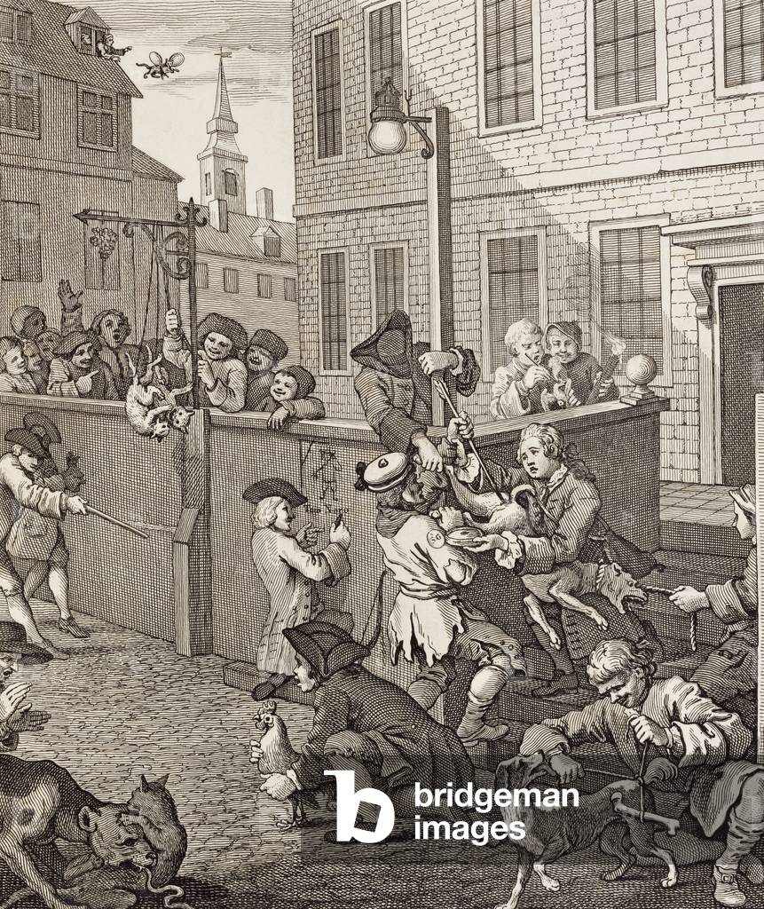 "Prima fase della crudeltà", 1751 di William Hogarth, b/w