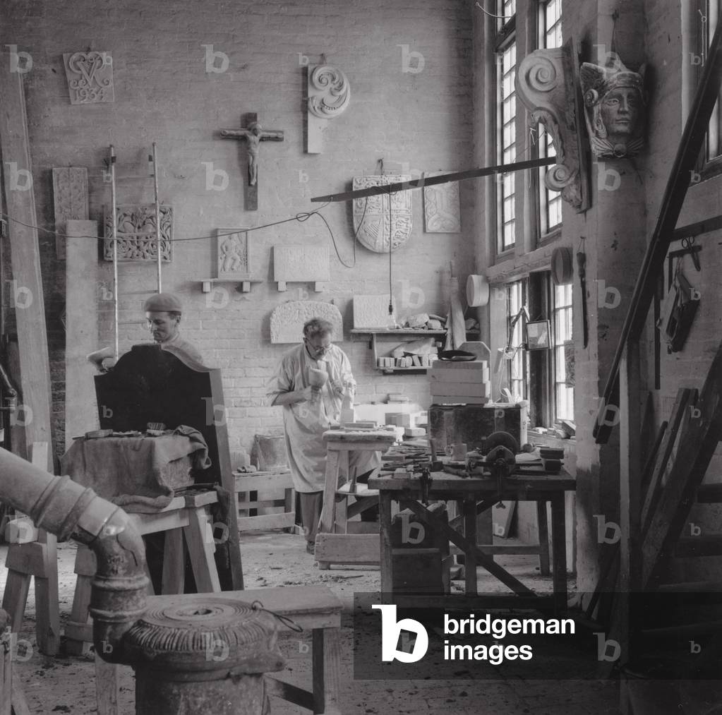 Joseph Cribb in the stonemason's studio, UK, 1950s (b/w photo)