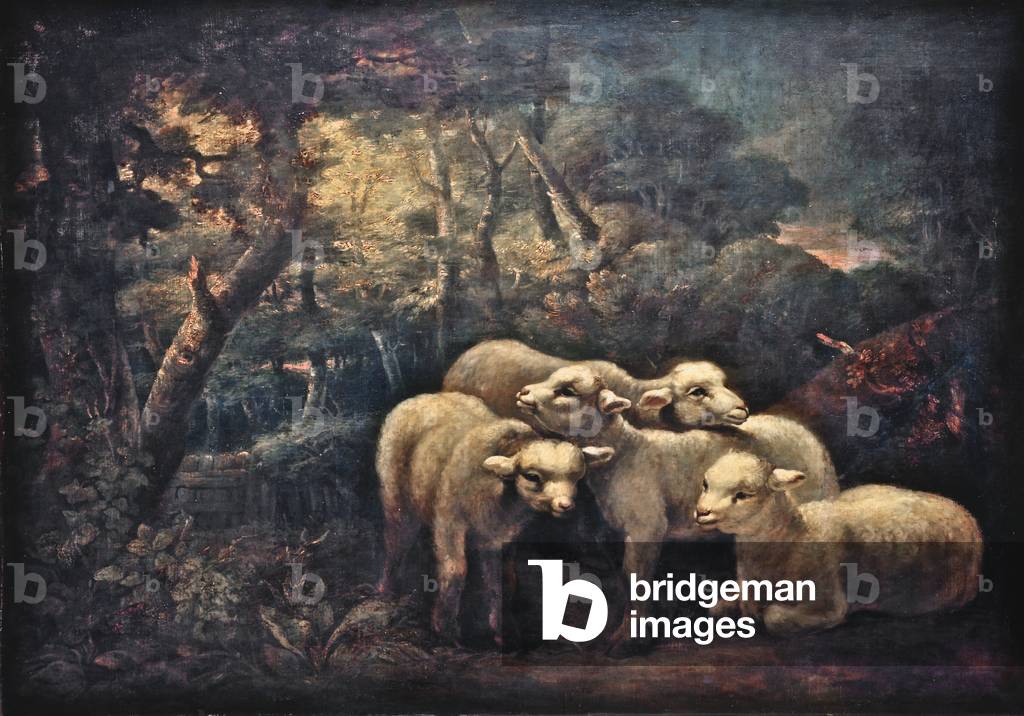 Forest Scene with Lambs (oil on canvas)