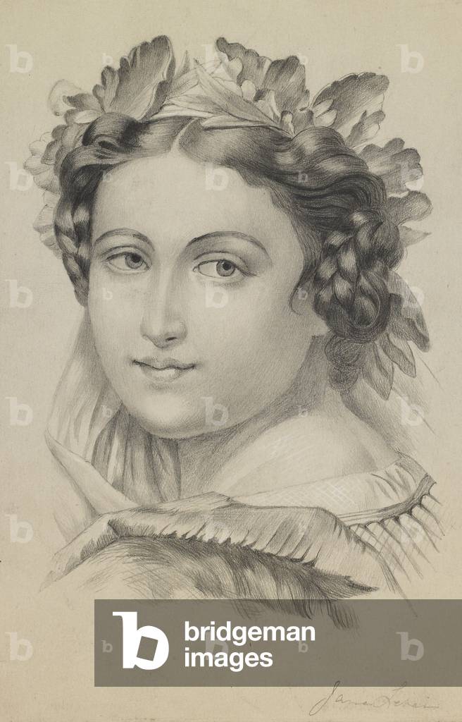 Head and shoulders of a woman wearing a wreath, face turned to the viewer, c.1860s-90s (pencil, black chalk & black w/c with heightening on paper)