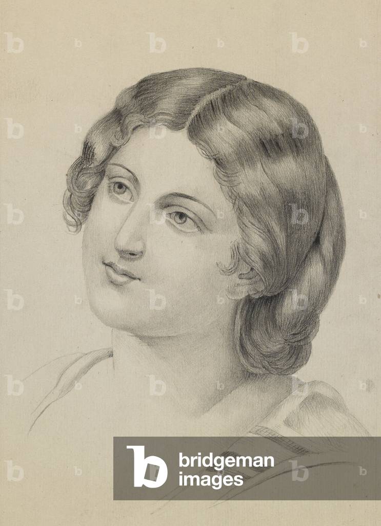 Head of a woman in classical style, c.1860s-90s (pencil with black chalk, black watercolour & gouache on paper)