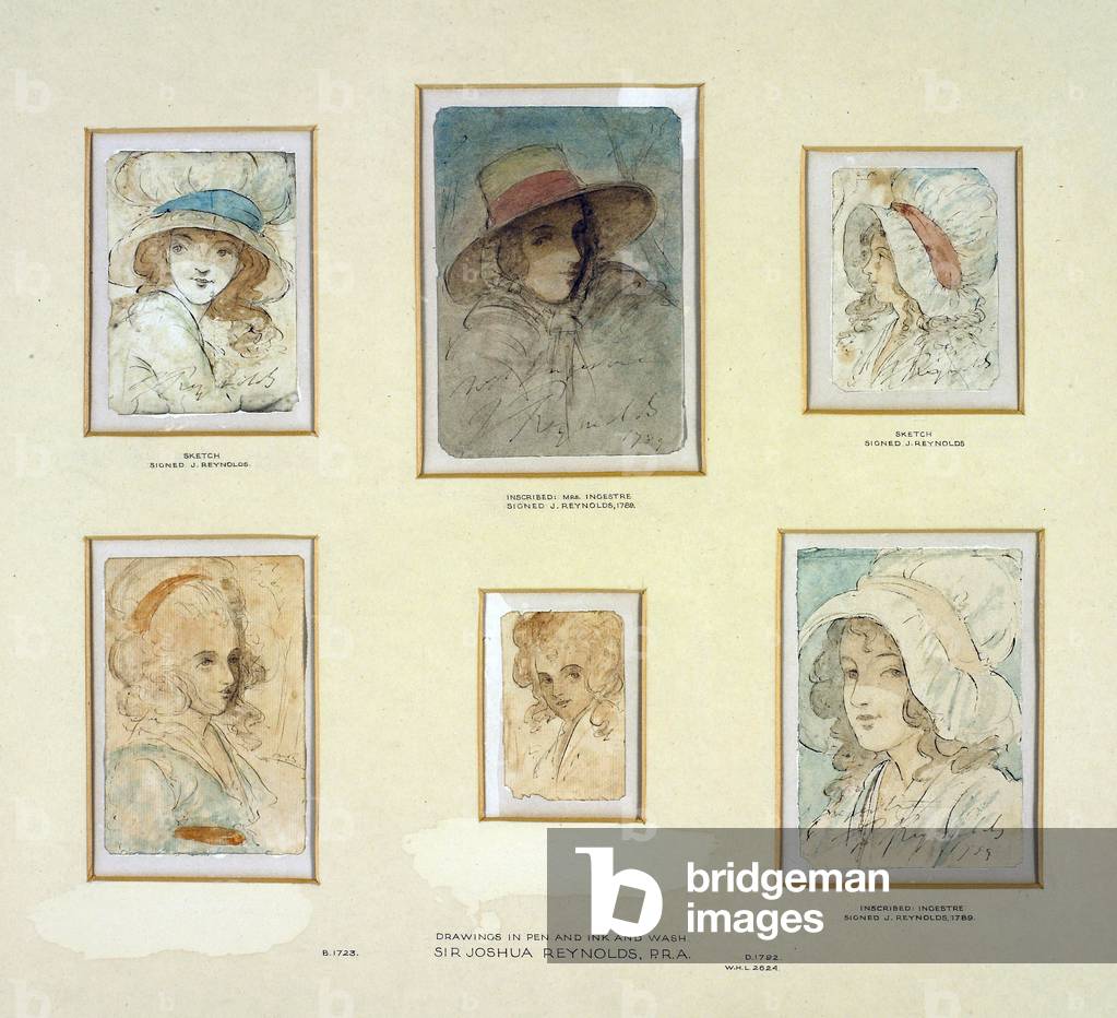 Six Fancy Heads of Women (pencil, pen & watercolour on paper)