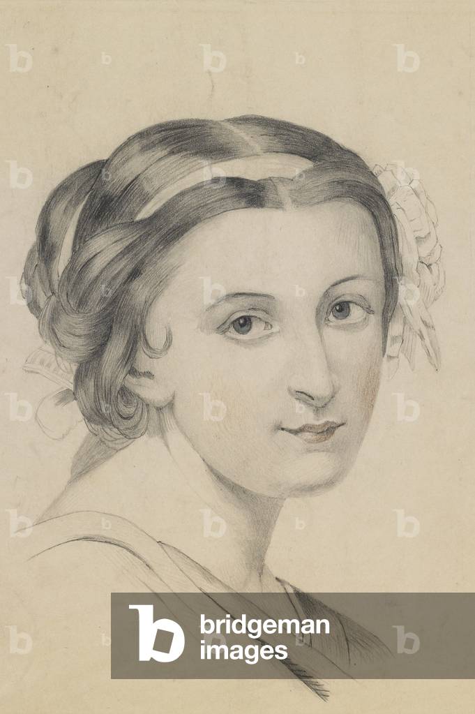 Portrait of a young woman, head and shoulders, wearing a floral hairpiece, c.1860 (pencil with coloured chalks & gouache on paper)