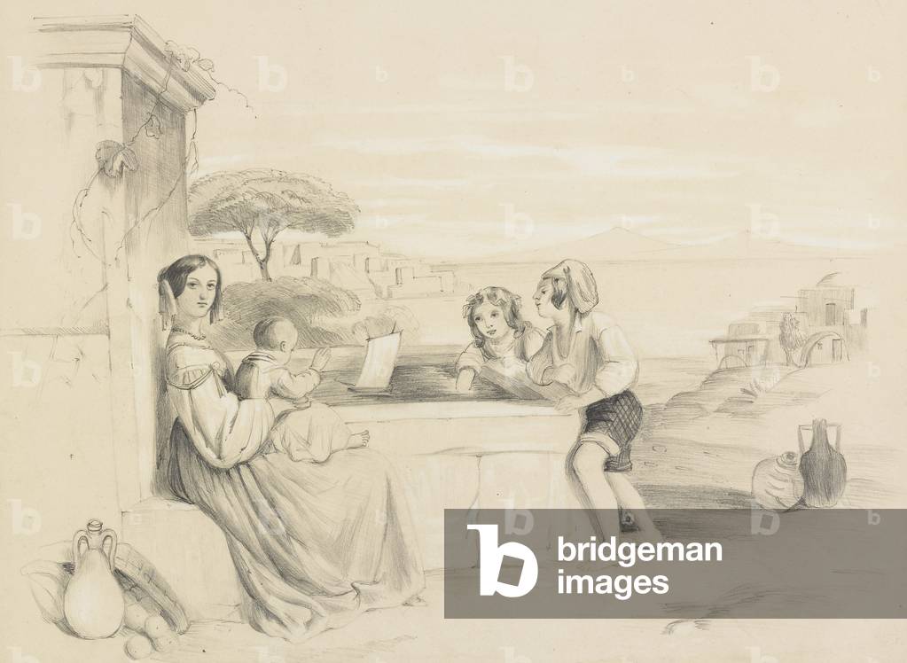 Women and three children in an Italianate landscape, c.1860 (pencil with white heightening on paper)