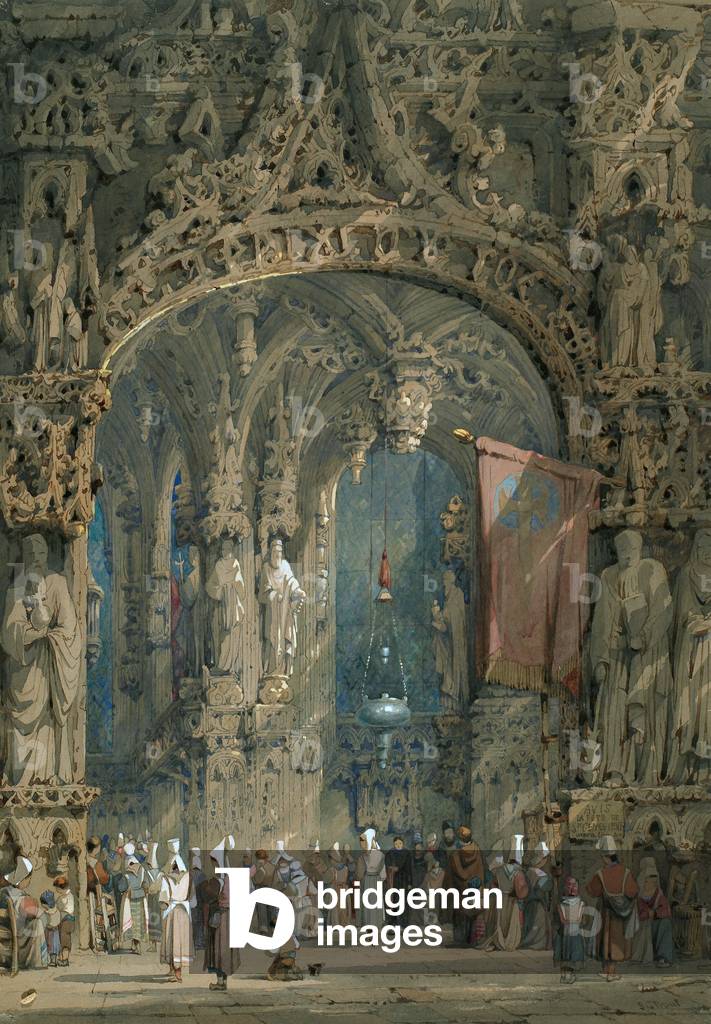 Cathedral Interior, Fête of St Geneviève, c.1846 (w/c, gouache and pen & ink on paper)