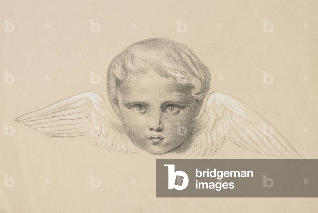 Winged head of a boy, c.1860 (pencil with white heightening on paper)