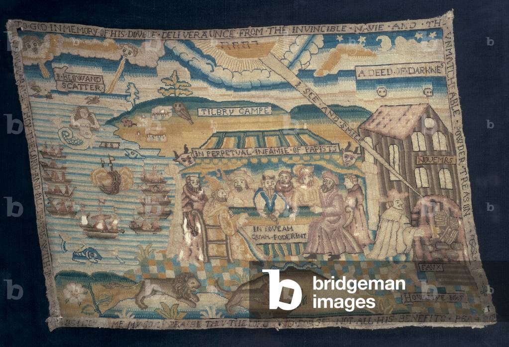 Embroidered prayer book cushion, depicting the defeat of the Armada and the Gunpowder Plot, c.1621