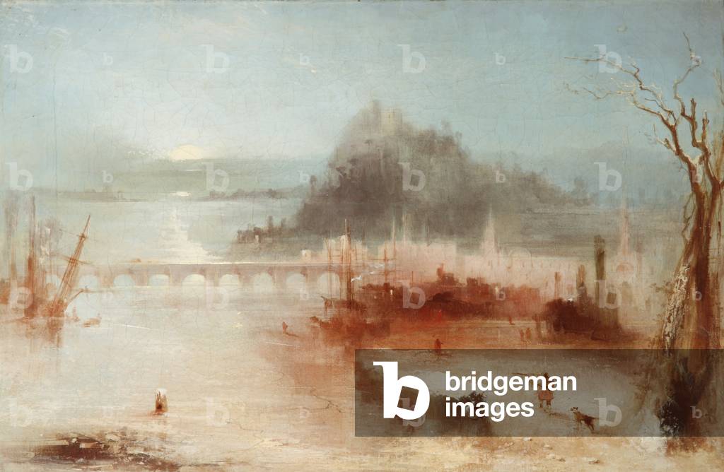 A Town on the Rhine, with a Bridge and a Castle on a Height - Sunrise. (oil on canvas)