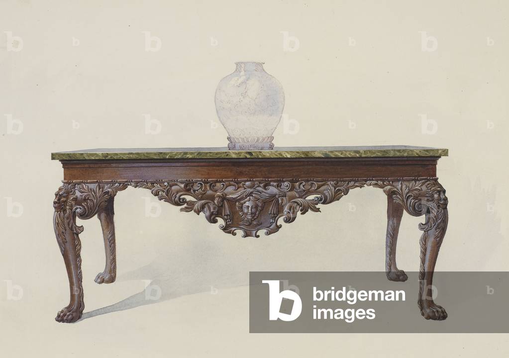 Sketch of a mahogany Chippendale side table and vase (w/c on paper)