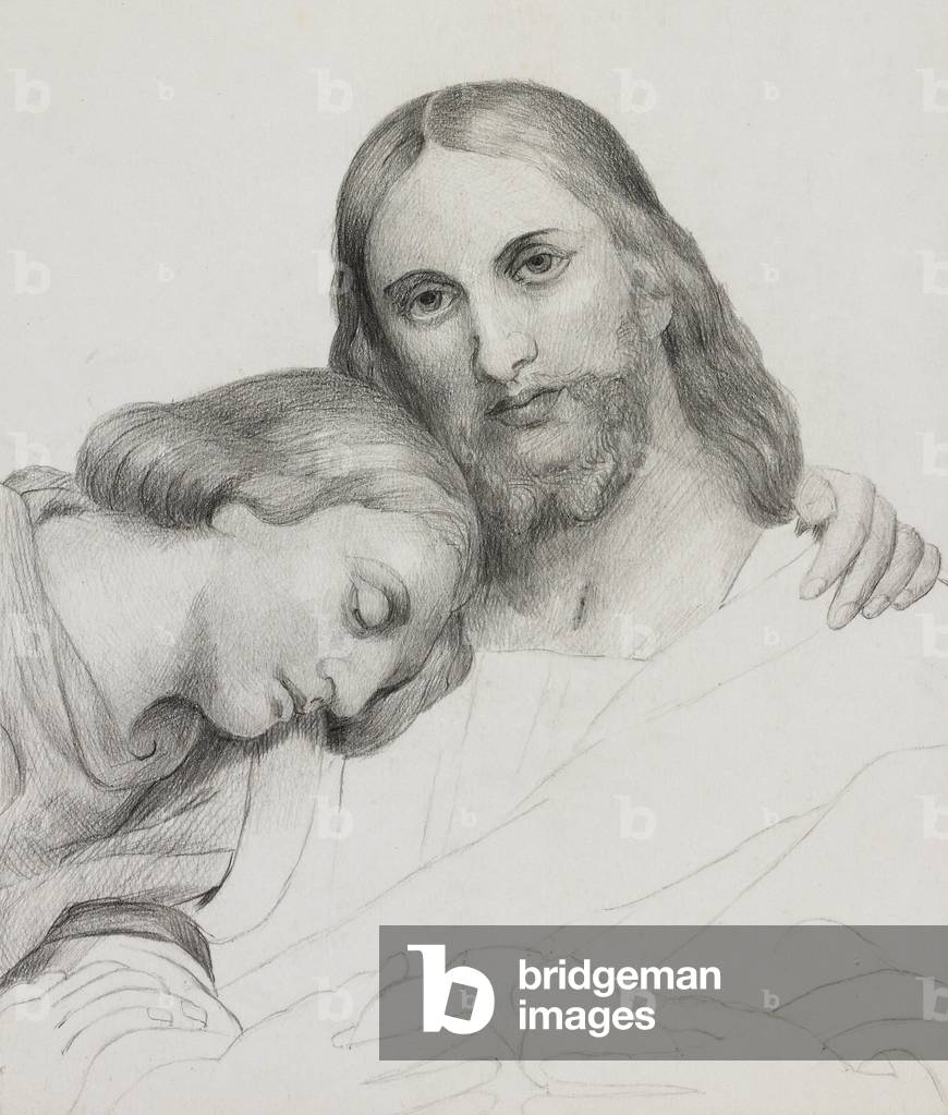 Figure of Christ with a man (pencil on card)