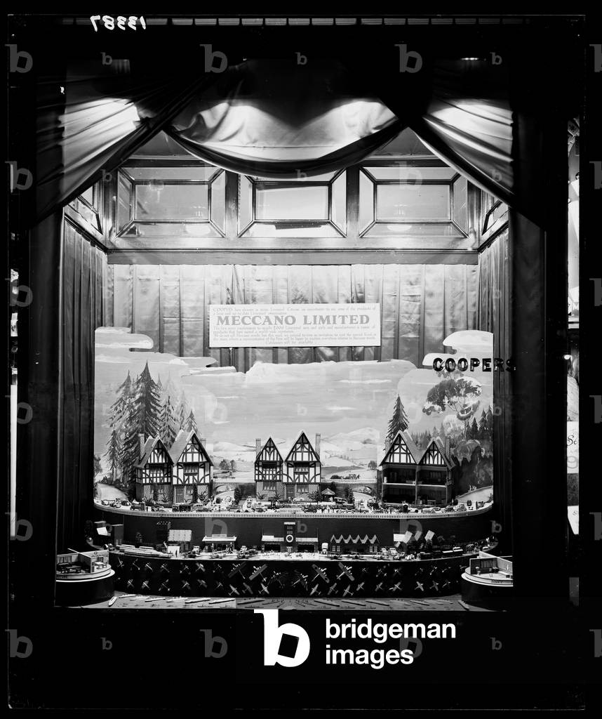 Display of Dinkey toys in Coopers shop window, 1936 (b/w photo)