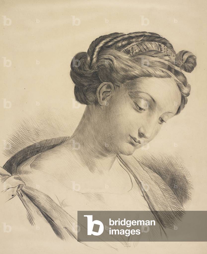 Ritratto di donna, con intreccio capelli, c. 1860 (matita con gesso nero su carta)