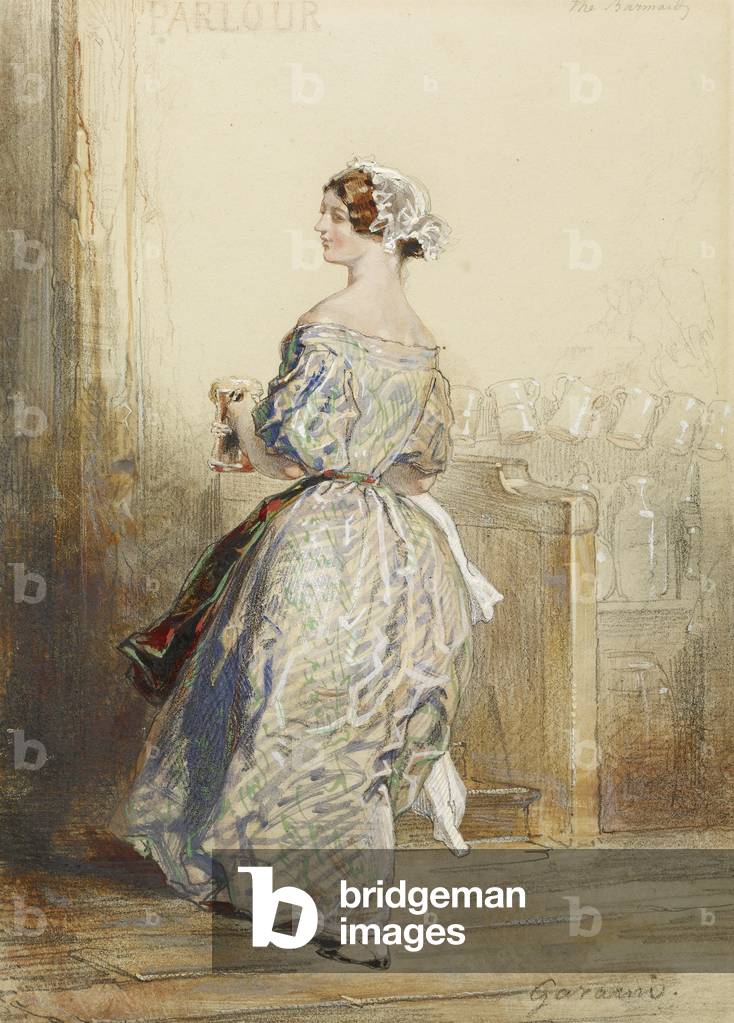 Die Barmaid, um 1850 (w/c, Buntstift und Graphit erhöht mit weiß auf Papier)