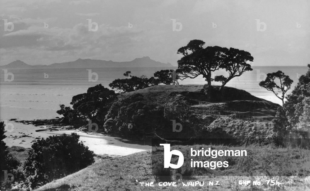 Waipu Cove looking across to Whangarei Heads (b/w photo)