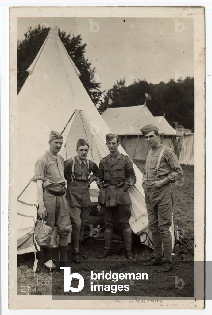Four soldiers standing in front of a tent at Ragley Park, Arrow. Circa 1915