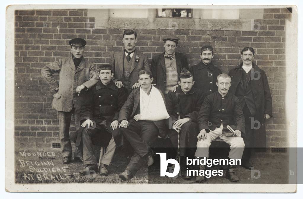 Belgian Soldiers outside Brailes village hall, 1914 (b/w photo)