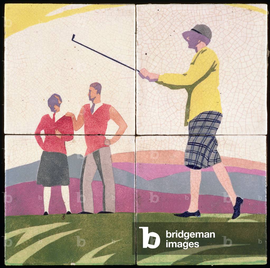 Golfers, Art Deco tile panel (ceramic)