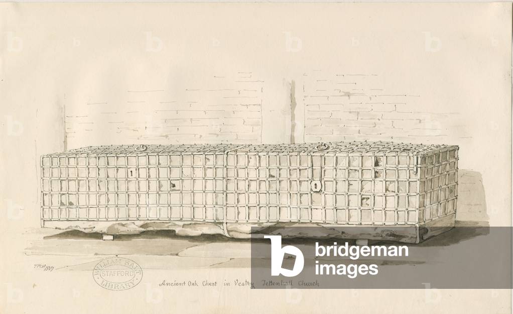 Tettenhall - Ancient Oak Chest: sepia and pen drawing, 1837 (drawing)
