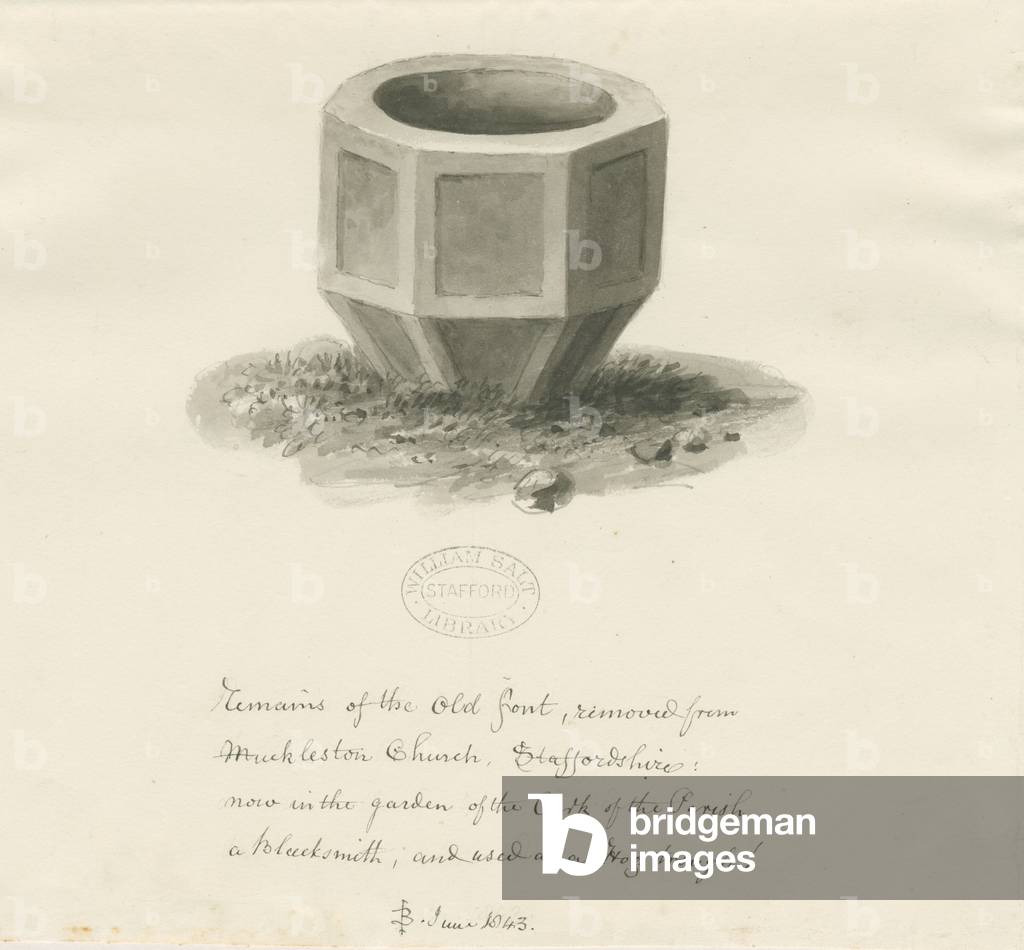 Old Font from Mucklestone Church: sepia wash drawing, Jun 1843 (drawing)