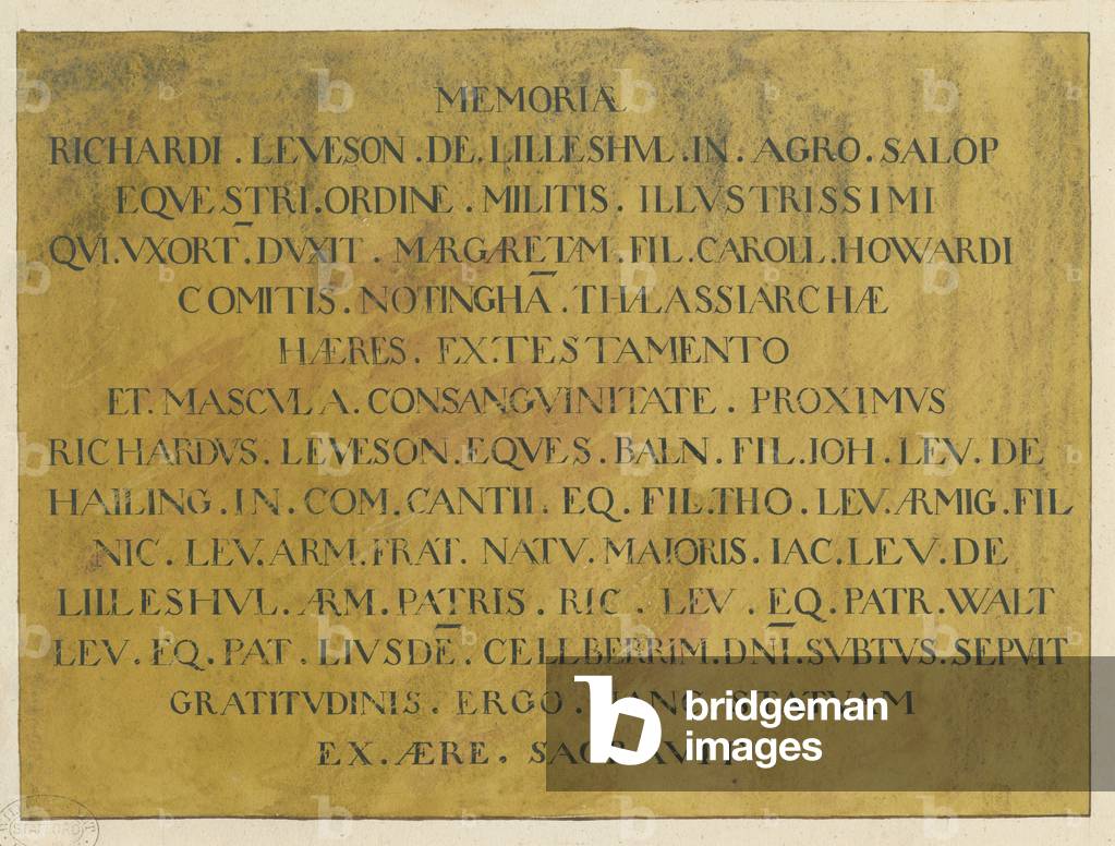 Wolverhampton - Latin epitaph of Admiral Richard Leveson in St. Peter's Church: pen and ink drawing, nd [?19th cent] (drawing)
