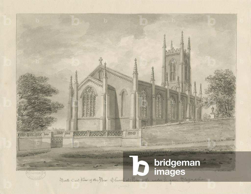 Newcastle-under-Lyme - 'St. George's' (New Church): sepia wash drawing, 1840 (drawing)