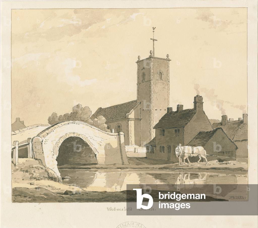 Wednesfield Church and Bridge: sepia drawing, 1837 (drawing)