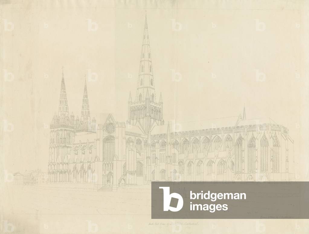 Lichfield Cathedral - South East View: outline etching, nd [1808] (drawing)