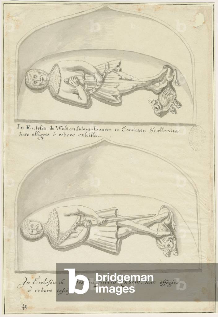 Weston-under-Lizard Church - Effigies of Sir Hugh de Weston and Sir Hamo de Weston: pen and wash drawing, nd [18th cent] (drawing)