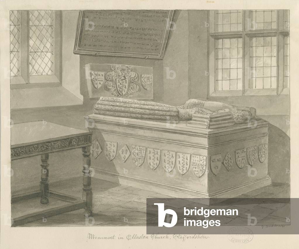 Ellastone Church - Monument to Sir John Fleetwood: sepia drawing, 1841 (drawing)