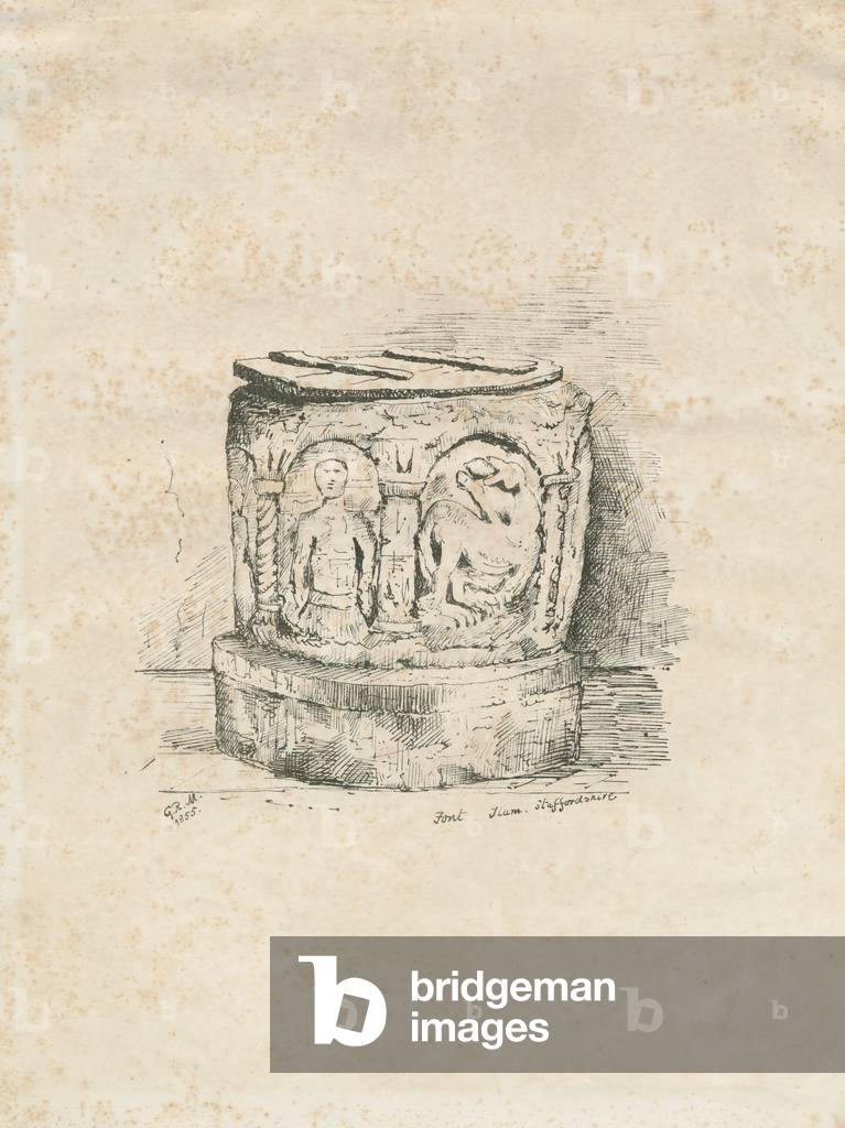 Font in Ilam Church: lithograph, 1855 (print)
