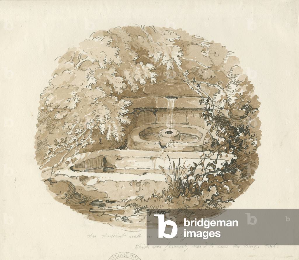 Biddulph - Ancient Well in Knypersley Woods: sepia drawing (vignetted), 1838 (drawing)