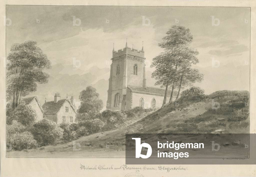 Milwich Church and Parsonage House: sepia wash drawing, 1841 (drawing)