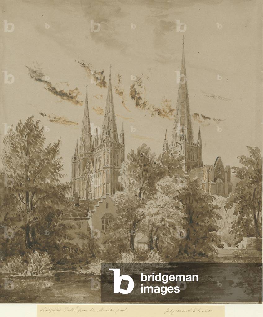 Lichfield Cathedral - South West View: sepia drawing, Jul 1842 (drawing)