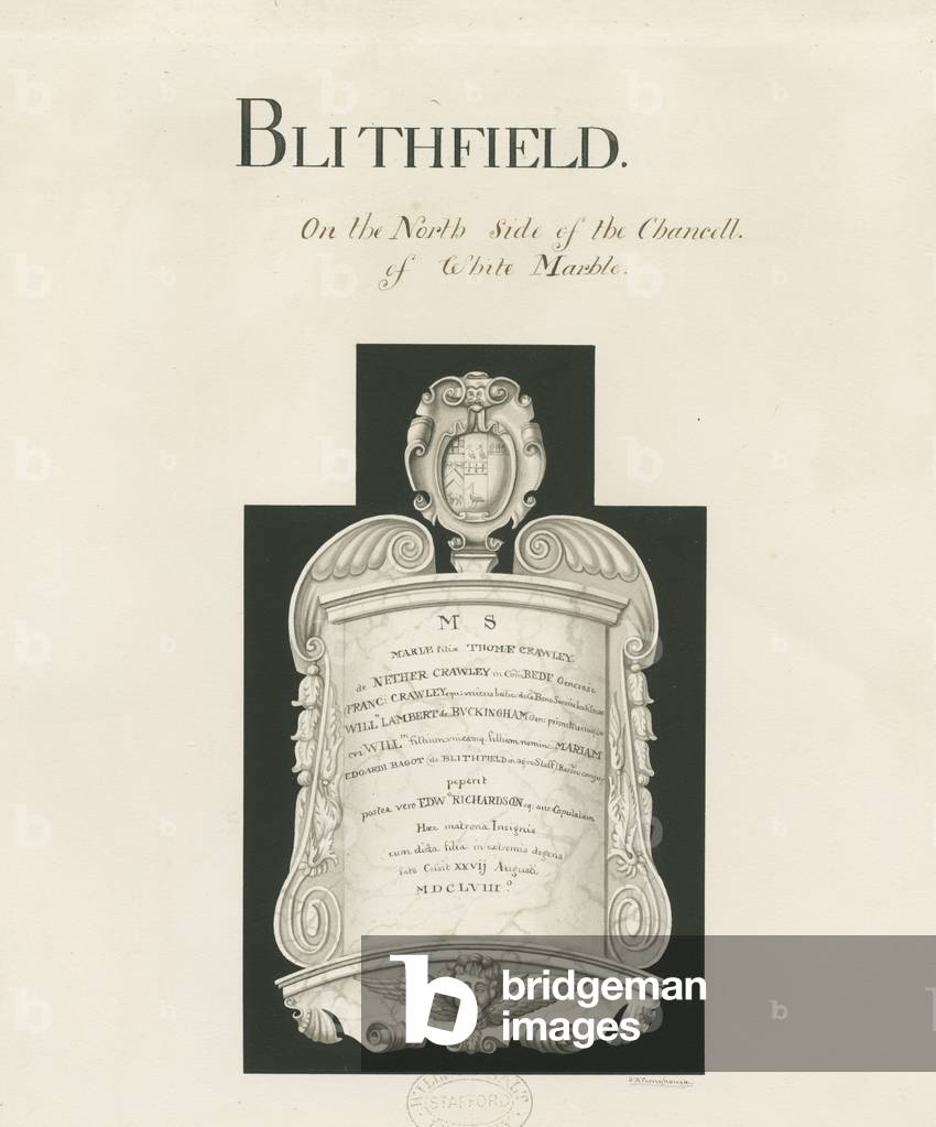 Tablet in Blithfield Church - Mary Crawley : sepia wash, nd [?19th cent] (drawing)