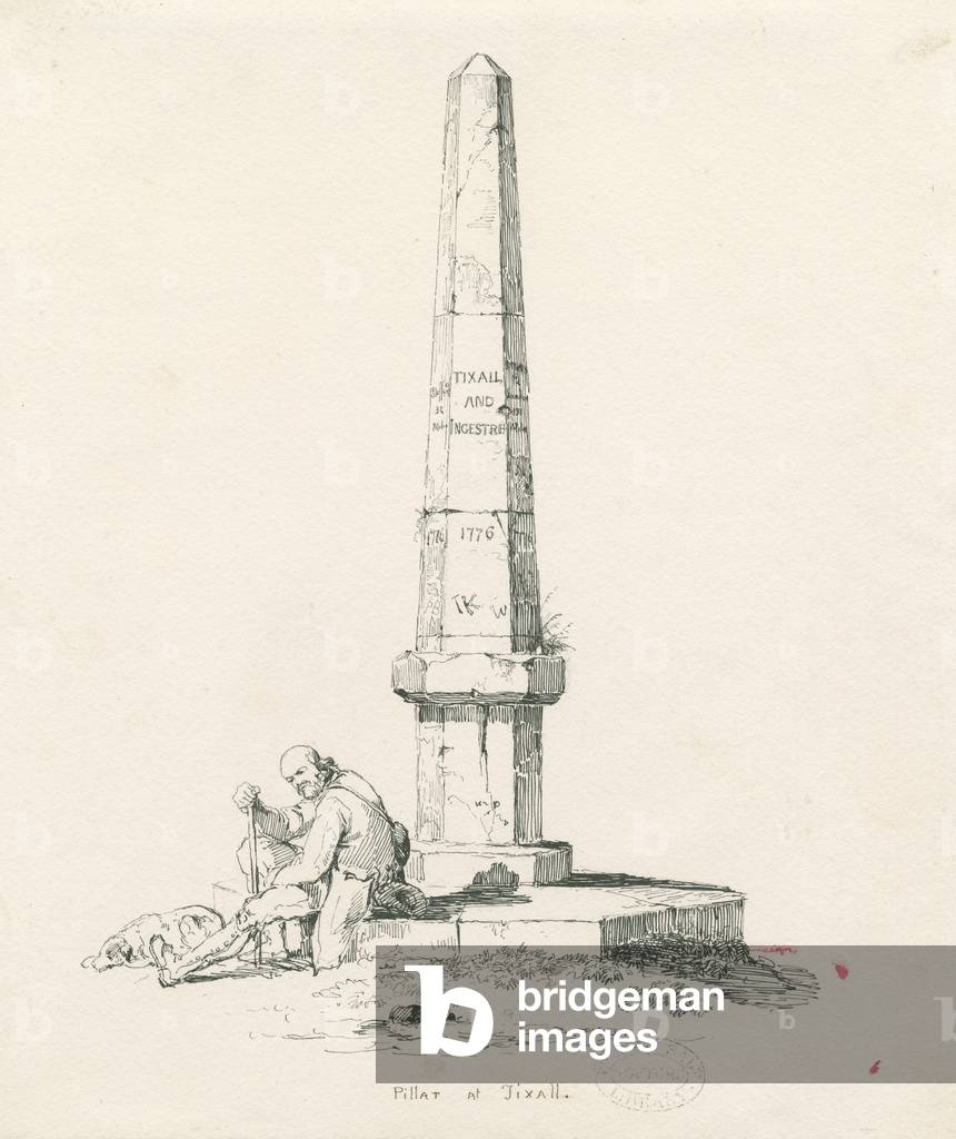 Tixall - Pillar showing mile distances: pen and ink drawing, 1836 (drawing)