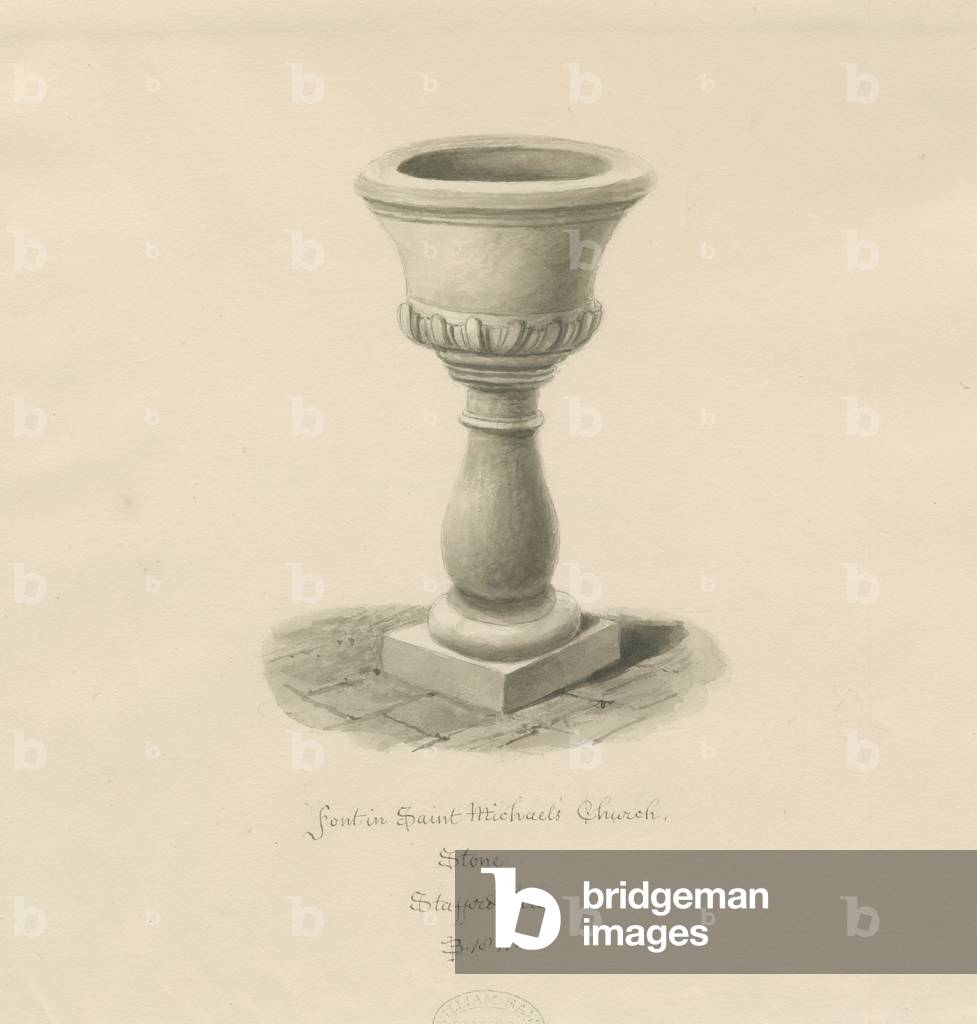 Font in Stone Church - 'St. Michael's': sepia drawing, 1841 (drawing)