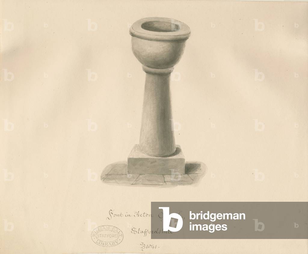 Font in Acton Trussell Church: sepia drawing, 1841 (drawing)