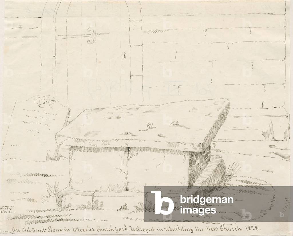 Uttoxeter Church - Old Tomb Stone: pen and ink drawing, nd [mid 19th cent] (drawing)