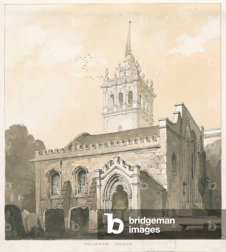 Trentham Church: sepia and yellow wash drawing, nd [?1838] (drawing)