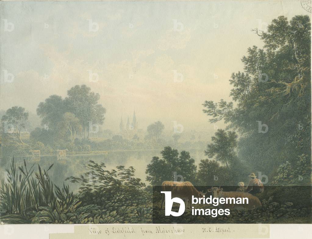 Lichfield Cathedral - View from Aldershaw (distant): water colour painting, nd [1788-1855] (painting)