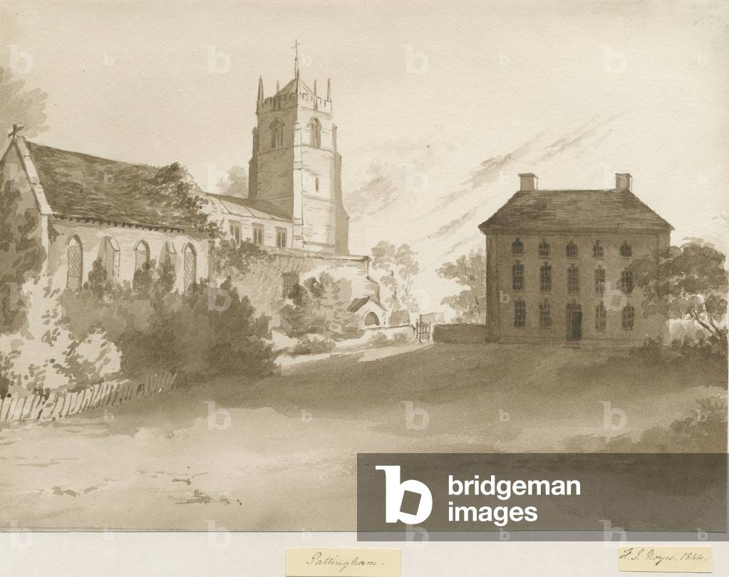 Pattingham Church and Vicarage House: sepia wash drawing, 1844 (drawing)