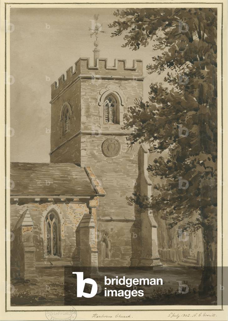 Harborne Church: red sepia drawing, 2 Jul 1842 (drawing)