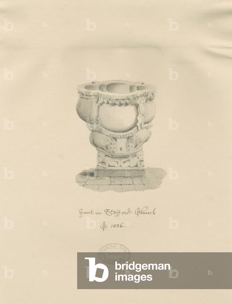 Stafford - Font in St. Mary's Church: sepia drawing, 1826 (drawing)