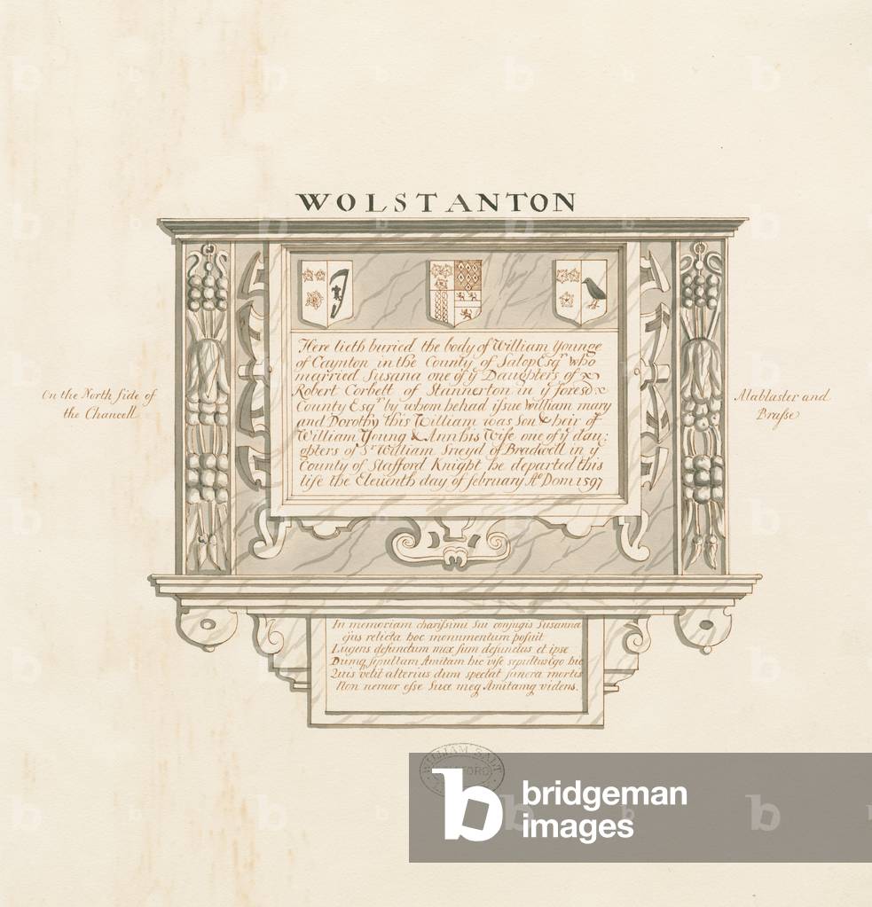 Wolstanton Church - Wall Monument to William Yonge of Caynton: pen and wash drawing, nd [?19th cent] (drawing)