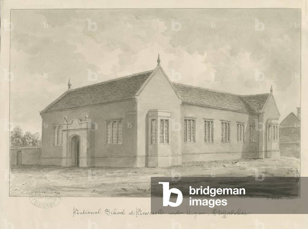 Newcastle-under-Lyme - National School: sepia wash drawing, 1840 (drawing)