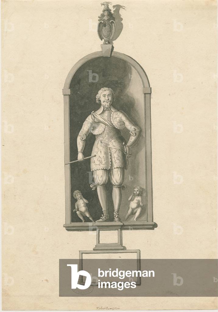 Wolverhampton - Statue of Admiral Richard Leveson in St. Peter's Church: pen and wash drawing, nd [late 18th cent] (drawing)