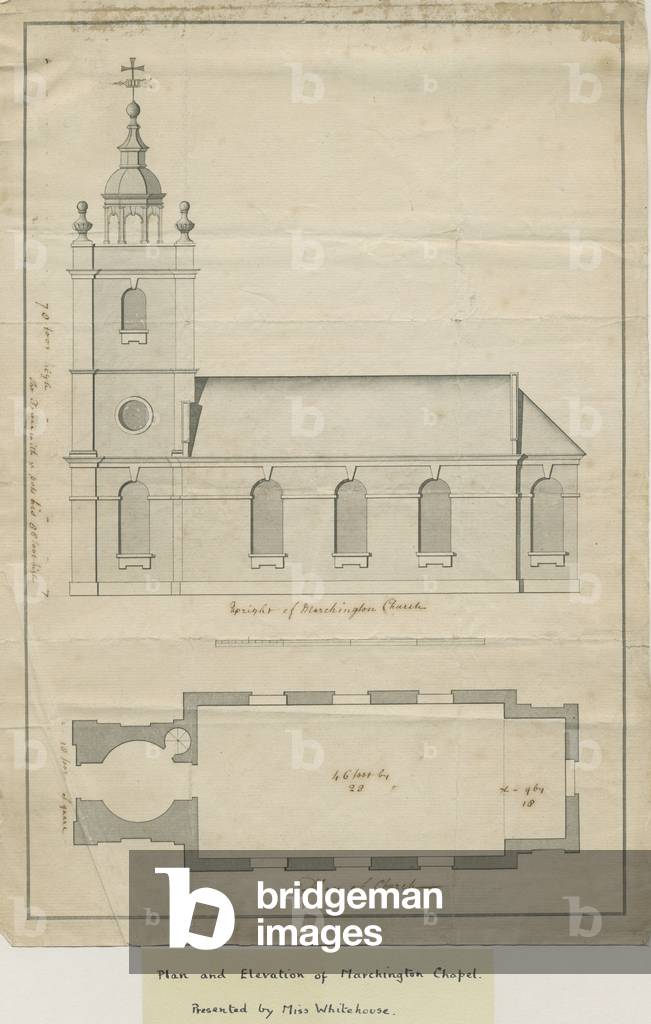 Marchington Church - Exterior Elevation and Interior Plan: pen drawing, nd [?mid 18th cent] (drawing)