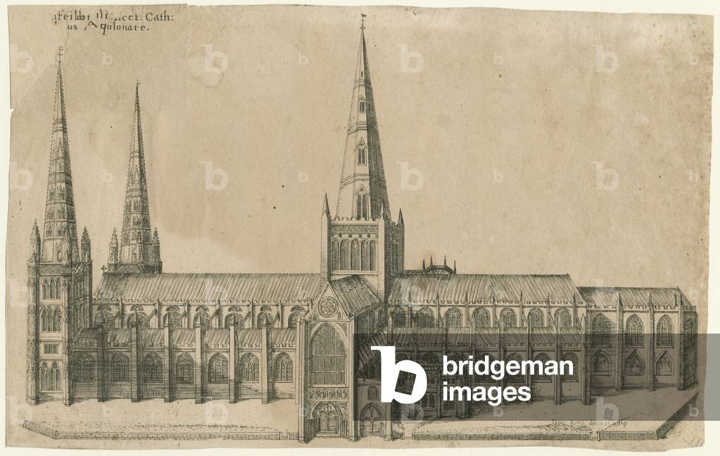 Lichfield Cathedral - South View: copper-plate engraving, nd [?mid 17th cent] (print)